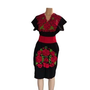 Mexican Embroidered Dress Black with Red Roses Belt | Boho Floral Dress